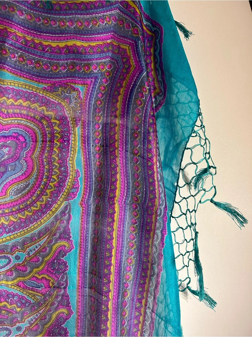 SILK INDIA MADE LARGE PURPLE/TEAL TURQUOISE PAISLEY WITH TASSEL FRINGE SCARF O/S